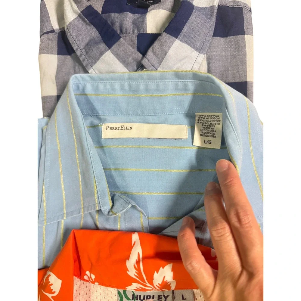 BUNDLE Men Button down Shirt sz Large J.Crew Perry Ellis Hurley Hawaian Casual